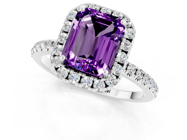 Platinum Emerald Cut Amethyst Halo Ring with Round Pavé Band and Prong Setting