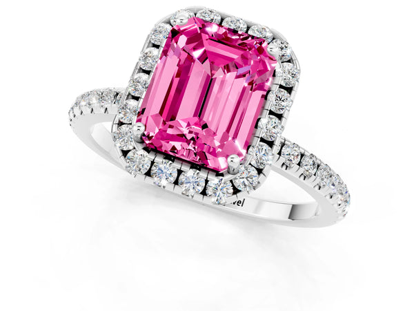 White gold Emerald Cut Pink Sapphire Halo Ring with Round Pavé Band and Prong Setting