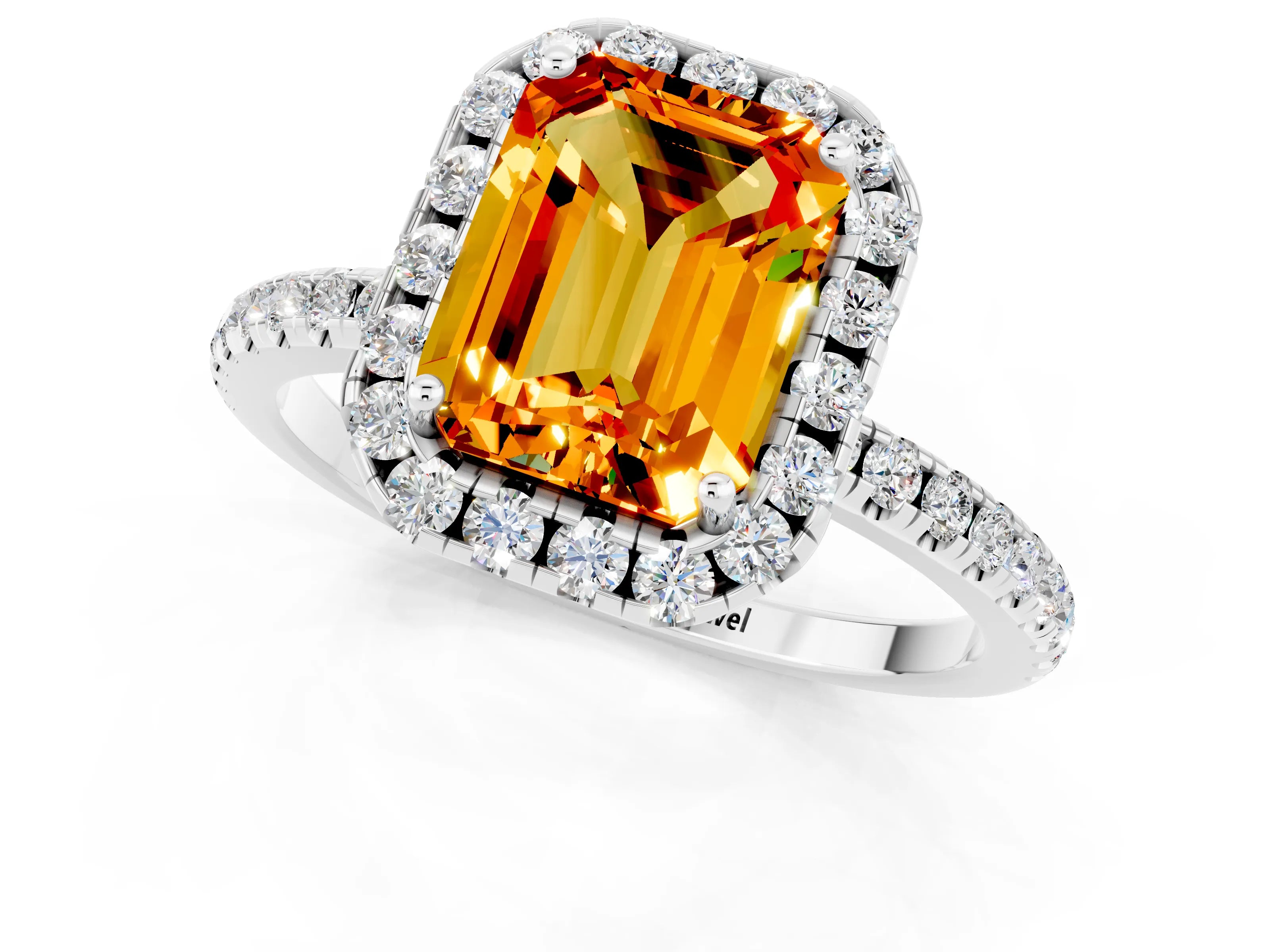 White gold Emerald Cut Halo Round Diamond Pavé Band Four-Prong Ring_1