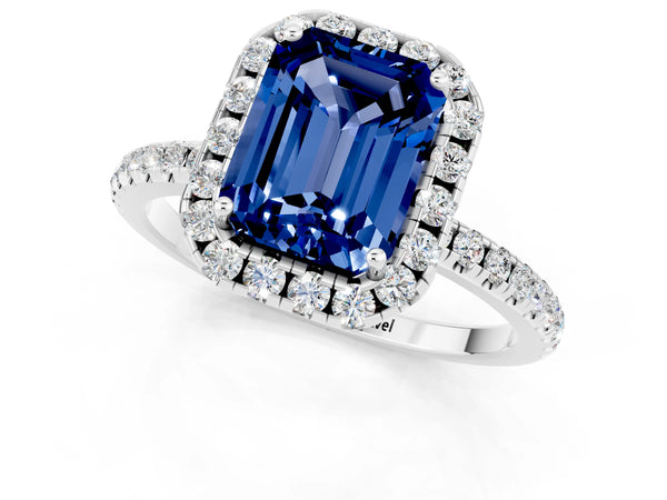 Platinum Emerald Cut Blue Sapphire Halo Ring with Round Pavé Band and Prong Setting