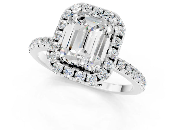 Platinum Emerald Cut Moissanite Halo Ring with Round Pavé Band and Prong Setting