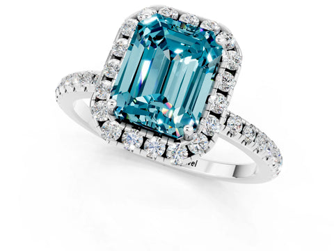 White gold Emerald Cut Halo Round Diamond Pavé Band Four-Prong Ring_1