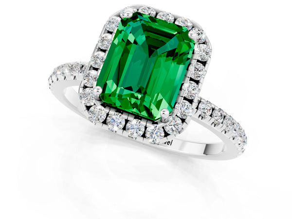 Platinum Emerald Cut Emerald Halo Ring with Round Pavé Band and Prong Setting