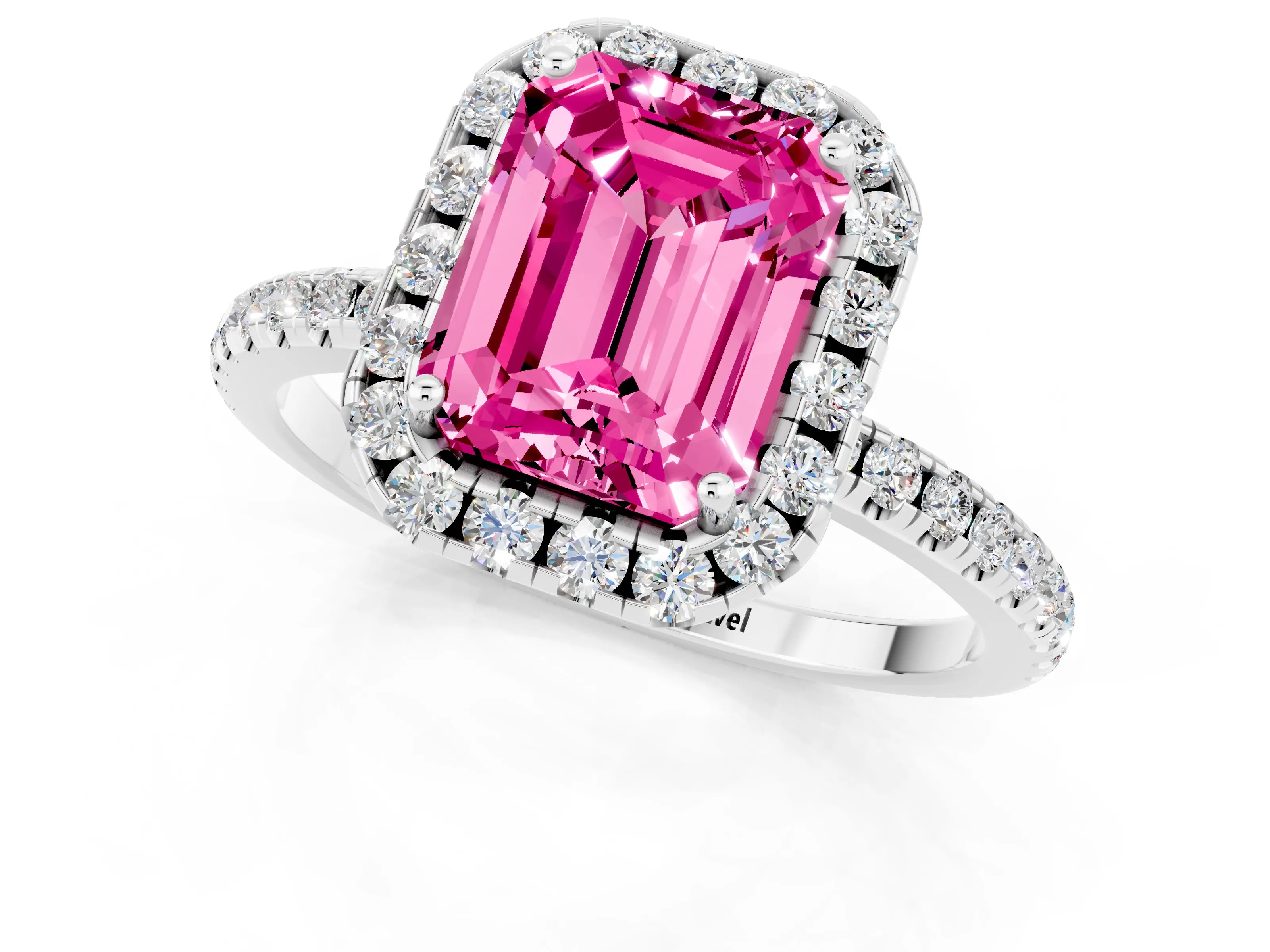 White gold Emerald Cut Halo Round Diamond Pavé Band Four-Prong Ring_1