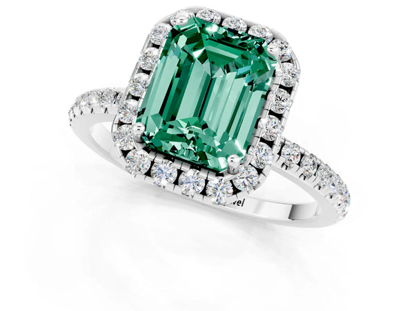 Platinum Emerald Cut Green Sapphire Halo Ring with Round Pavé Band and Prong Setting