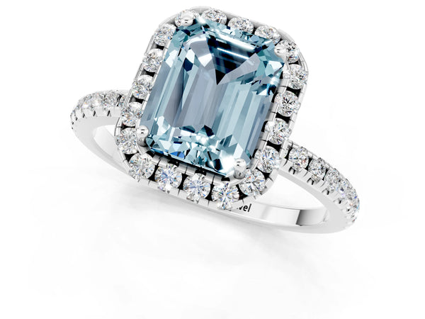 White gold Emerald Cut Aquamarine Halo Ring with Round Pavé Band and Prong Setting