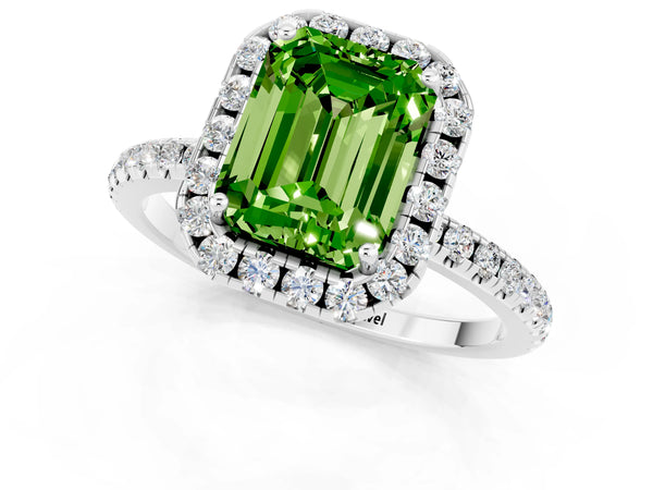 Silver Emerald Cut Halo Round Diamond Pavé Band Four-Prong Ring