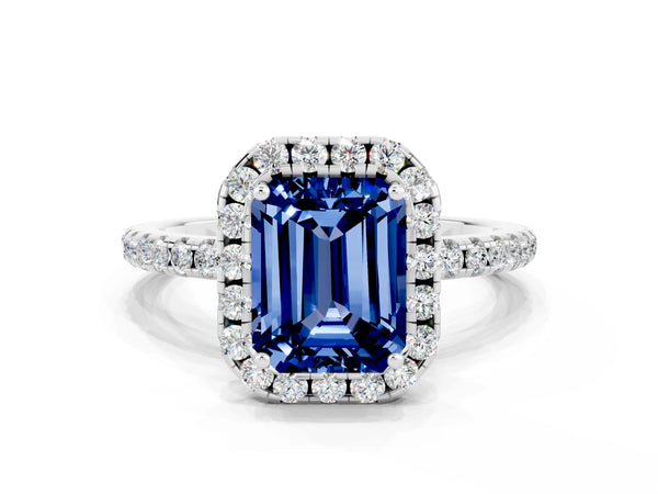 Platinum Emerald Cut Blue Sapphire Halo Ring with Round Pavé Band and Prong Setting