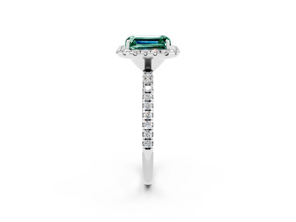 Platinum Emerald Cut Green Sapphire Halo Ring with Round Pavé Band and Prong Setting