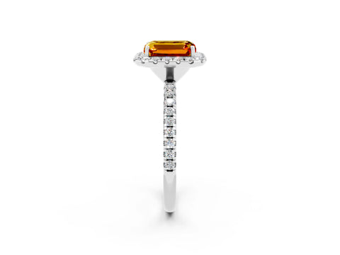 White gold Emerald Cut Halo Round Diamond Pavé Band Four-Prong Ring_2