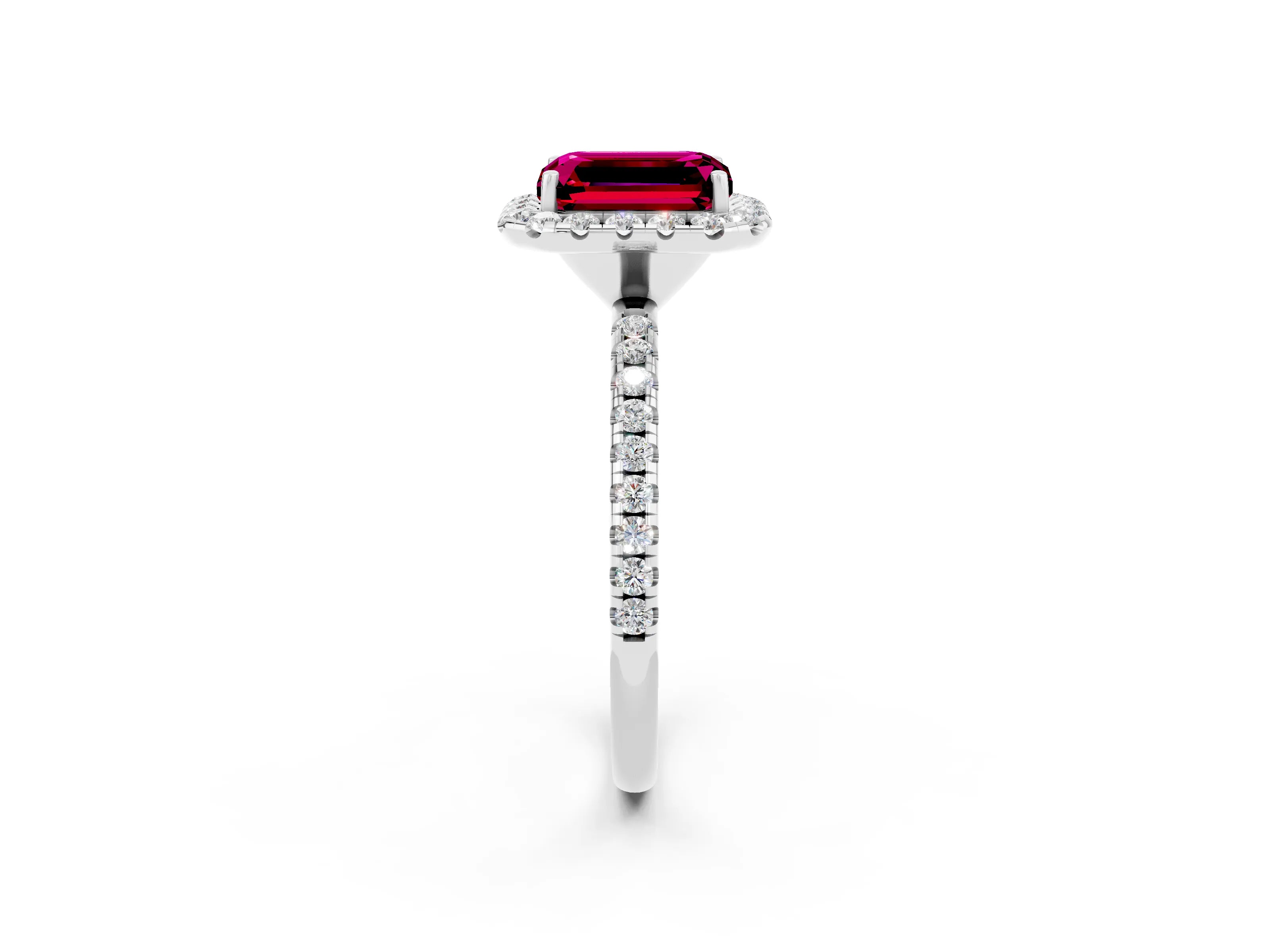 White gold Emerald Cut Halo Round Diamond Pavé Band Four-Prong Ring_2