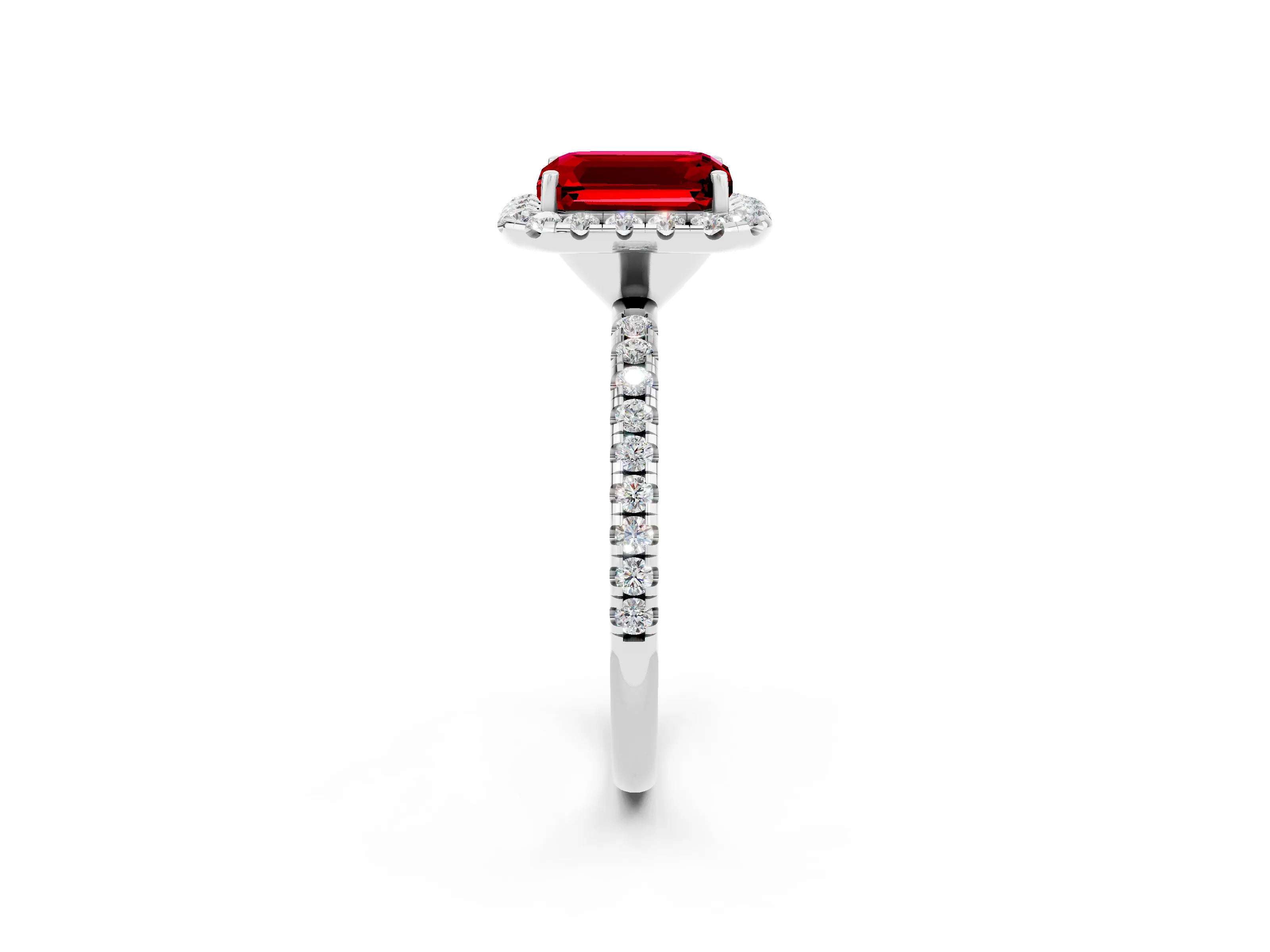 White gold Emerald Cut Halo Round Diamond Pavé Band Four-Prong Ring_2