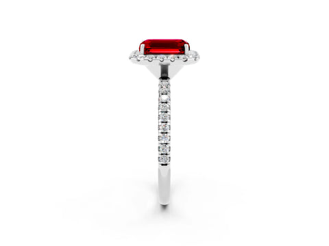 White gold Emerald Cut Halo Round Diamond Pavé Band Four-Prong Ring_2