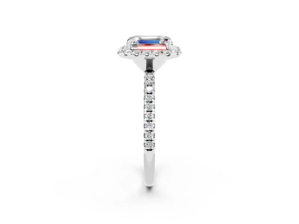 Platinum Emerald Cut Moissanite Halo Ring with Round Pavé Band and Prong Setting