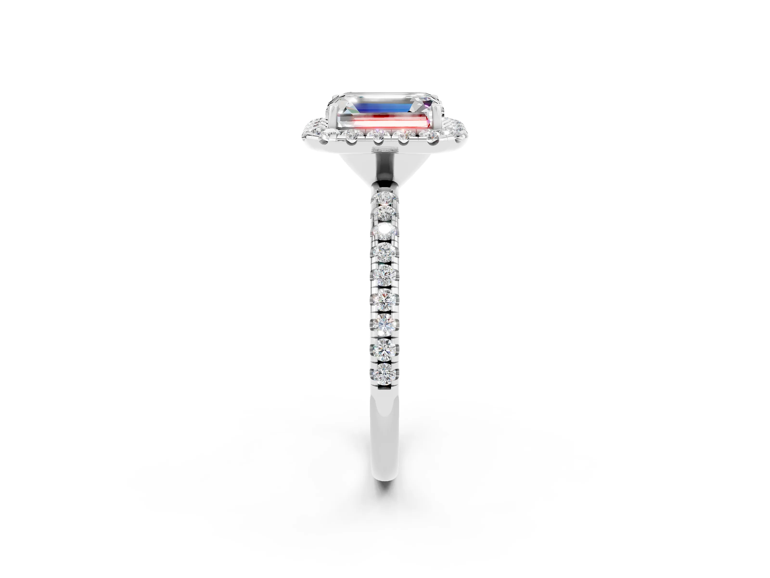 White gold Emerald Cut Halo Round Diamond Pavé Band Four-Prong Ring_2