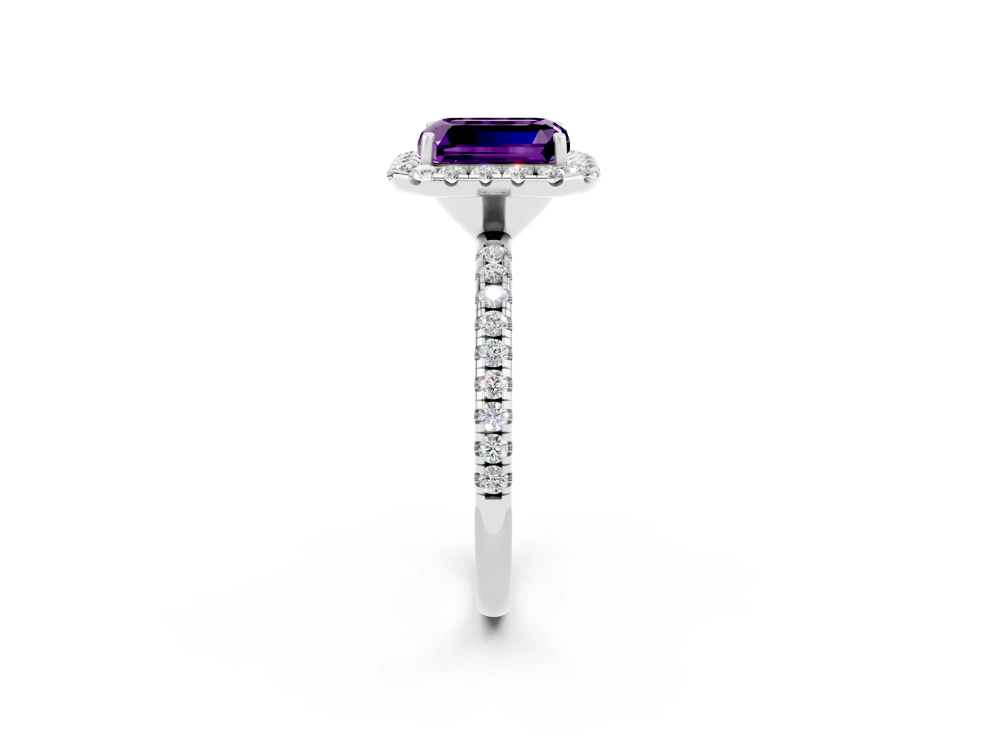 White gold Emerald Cut Halo Round Diamond Pavé Band Four-Prong Ring_2