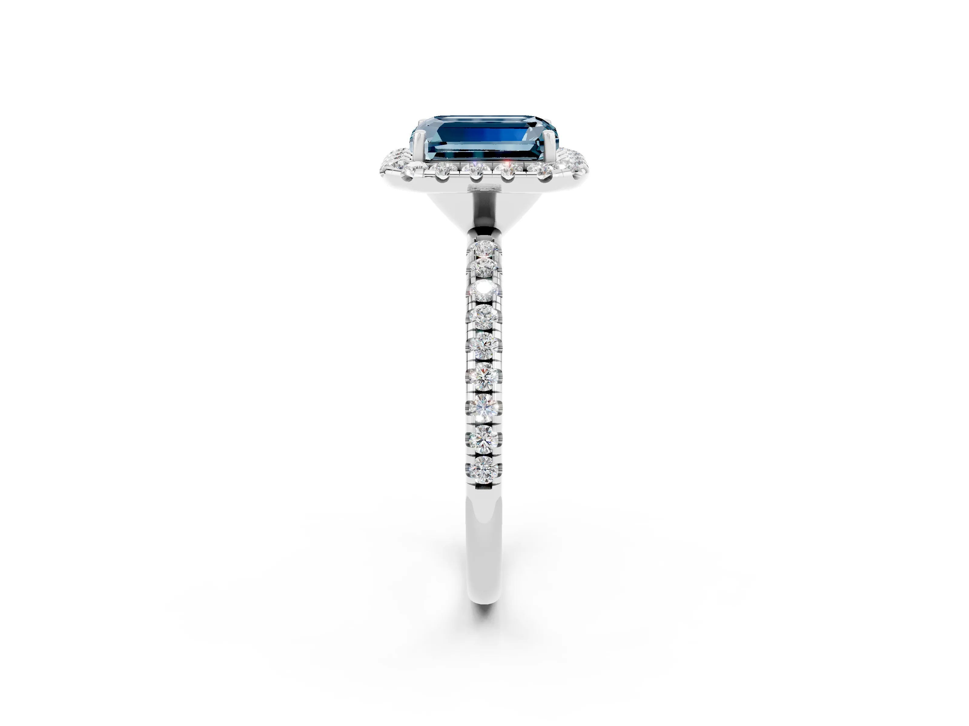 White gold Emerald Cut Halo Round Diamond Pavé Band Four-Prong Ring_2