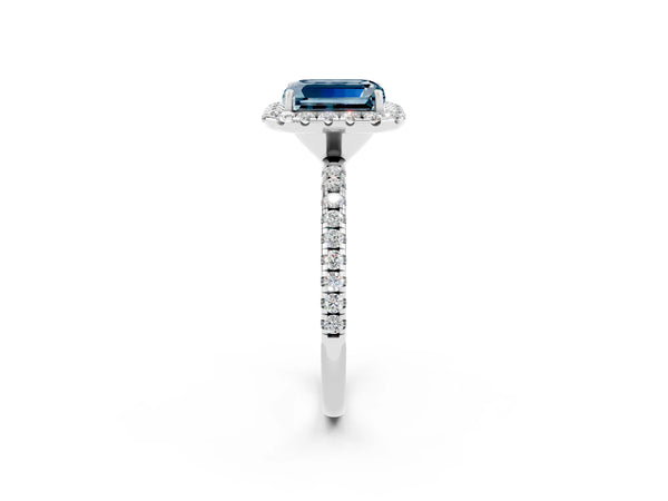 White gold Emerald Cut Aquamarine Halo Ring with Round Pavé Band and Prong Setting
