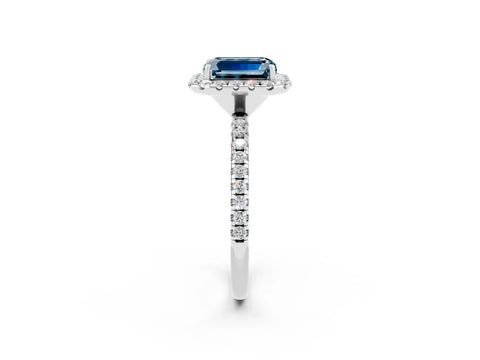 White gold Emerald Cut Halo Round Diamond Pavé Band Four-Prong Ring_2
