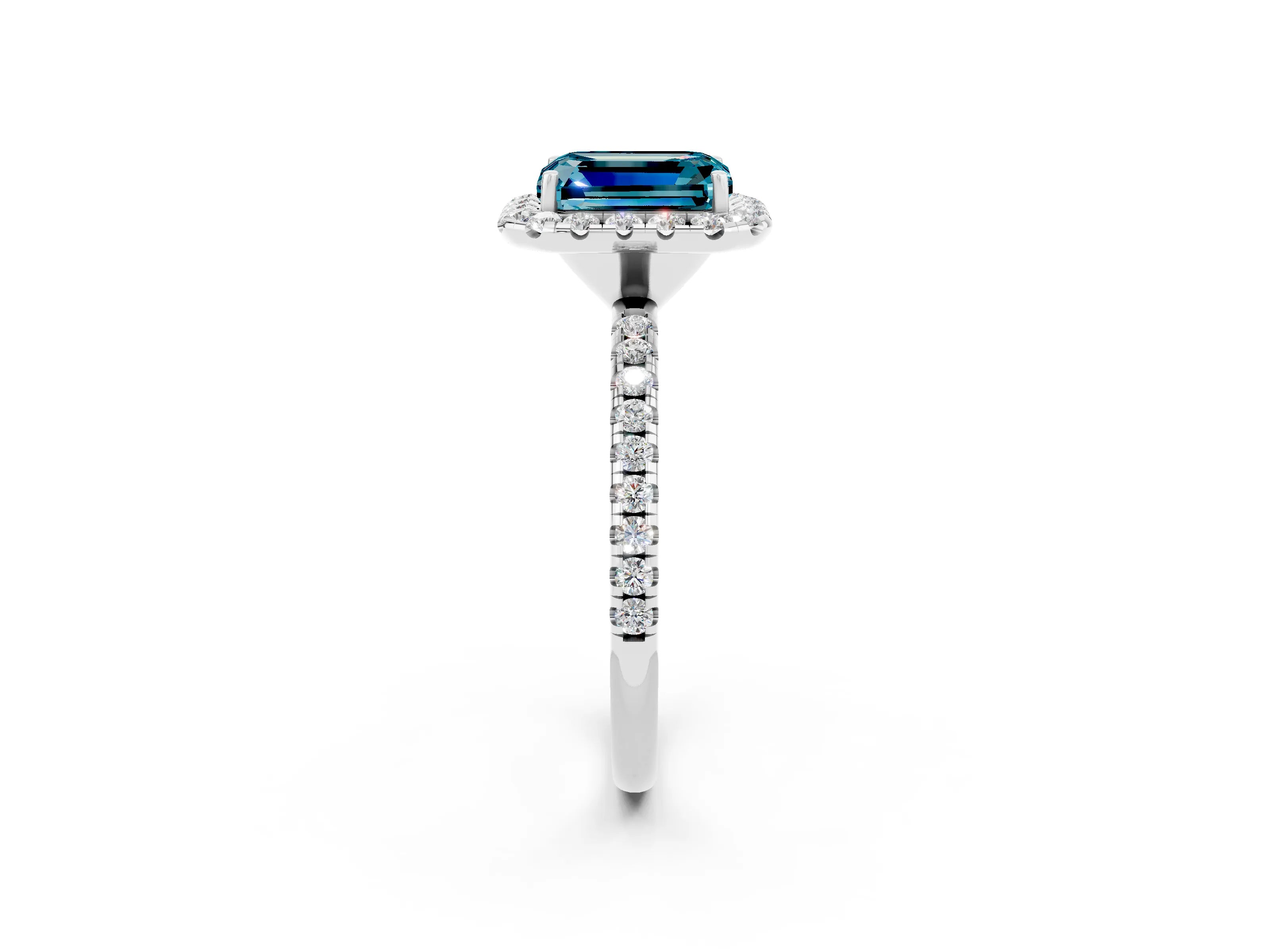 White gold Emerald Cut Halo Round Diamond Pavé Band Four-Prong Ring_2