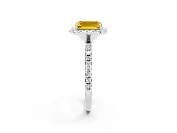 Platinum Emerald Cut Yellow Sapphire Halo Ring with Round Pavé Band and Prong Setting