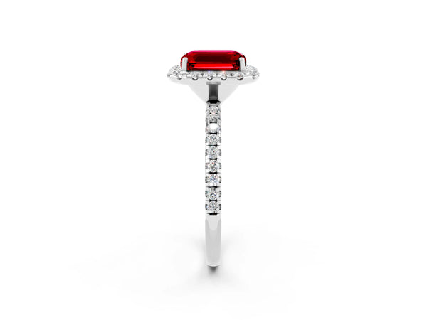 Silver Emerald Cut Halo Round Diamond Pavé Band Four-Prong Ring