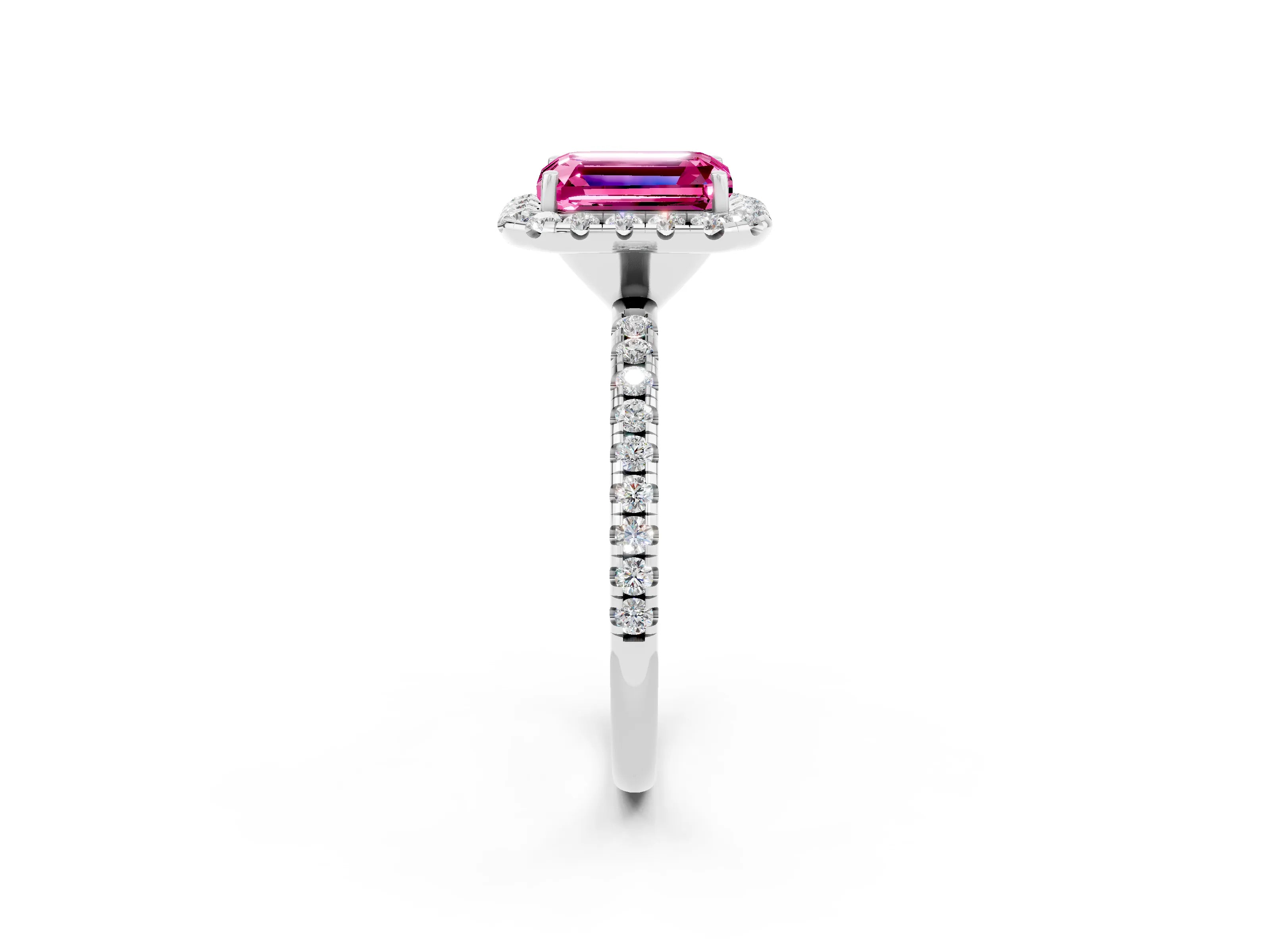 White gold Emerald Cut Halo Round Diamond Pavé Band Four-Prong Ring_2