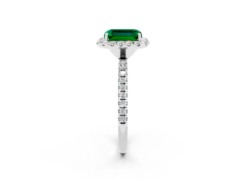 White gold Emerald Cut Halo Round Diamond Pavé Band Four-Prong Ring_2