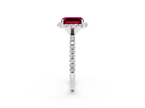 White gold Emerald Cut Halo Round Diamond Pavé Band Four-Prong Ring_2
