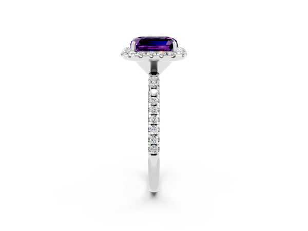 Platinum Emerald Cut Amethyst Halo Ring with Round Pavé Band and Prong Setting