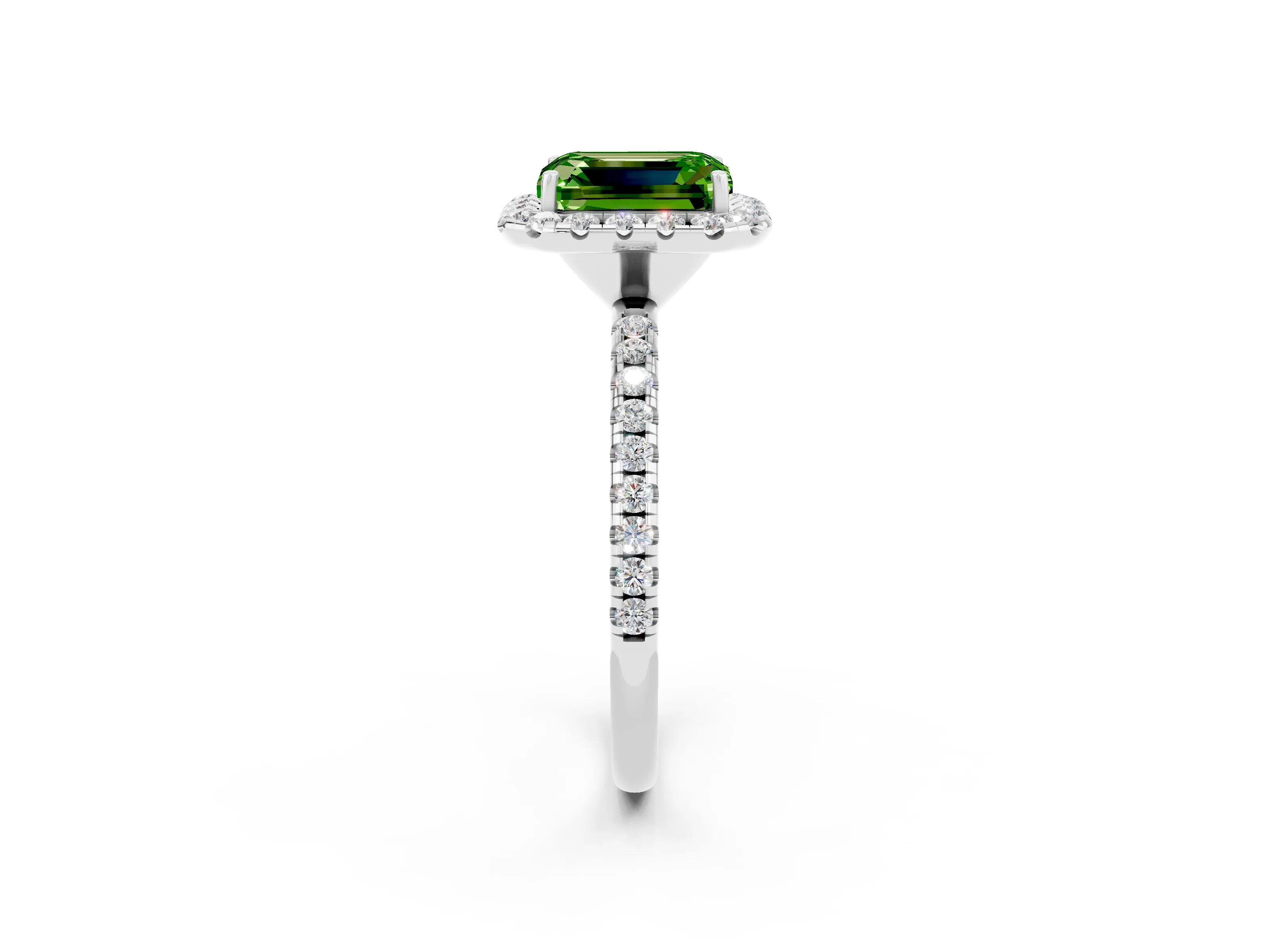 White gold Emerald Cut Halo Round Diamond Pavé Band Four-Prong Ring_2