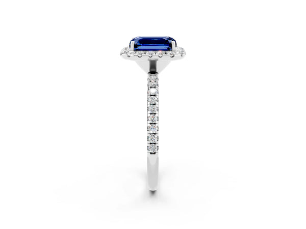 Platinum Emerald Cut Blue Sapphire Halo Ring with Round Pavé Band and Prong Setting