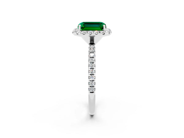 Platinum Emerald Cut Emerald Halo Ring with Round Pavé Band and Prong Setting