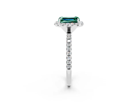 White gold Emerald Cut Halo Round Diamond Pavé Band Four-Prong Ring_2