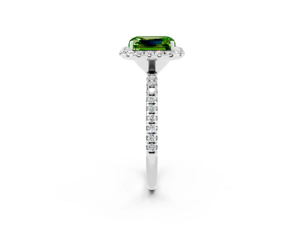 Platinum Emerald Cut Halo Round Diamond Pavé Band Four-Prong Ring