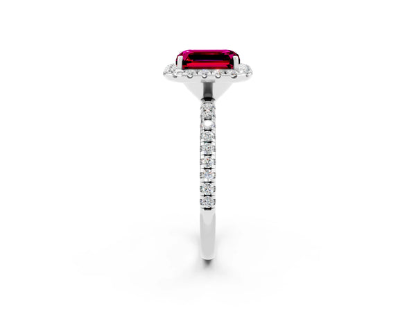 Silver Emerald Cut Garnet Halo Ring with Round Pavé Band and Prong Setting