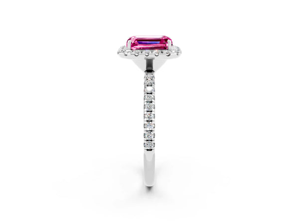 White gold Emerald Cut Pink Sapphire Halo Ring with Round Pavé Band and Prong Setting