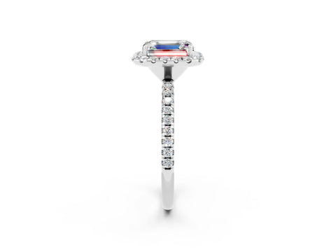 White gold Emerald Cut Halo Round Diamond Pavé Band Four-Prong Ring_2