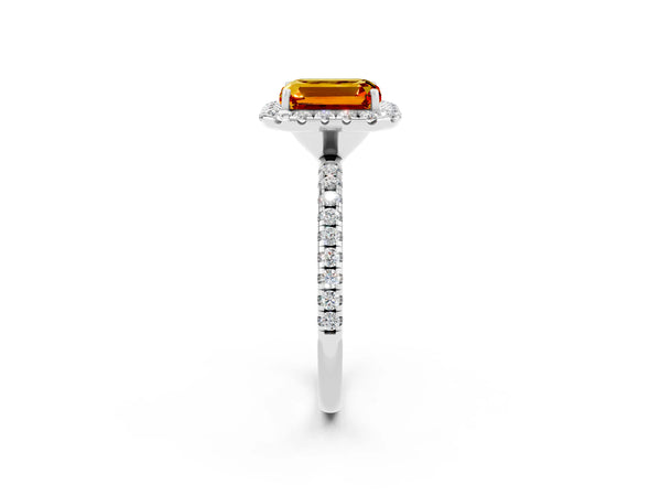Silver Emerald Cut Citrine Halo Ring with Round Pavé Band and Prong Setting