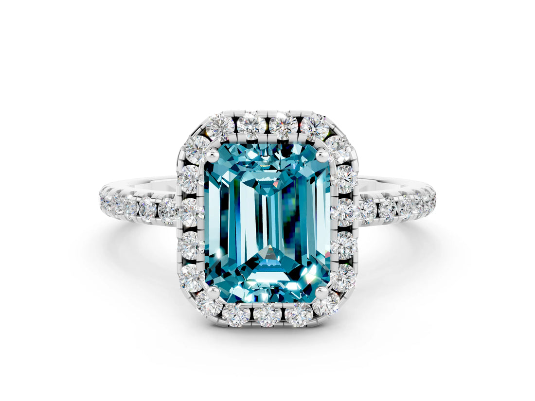 White gold Emerald Cut Halo Round Diamond Pavé Band Four-Prong Ring