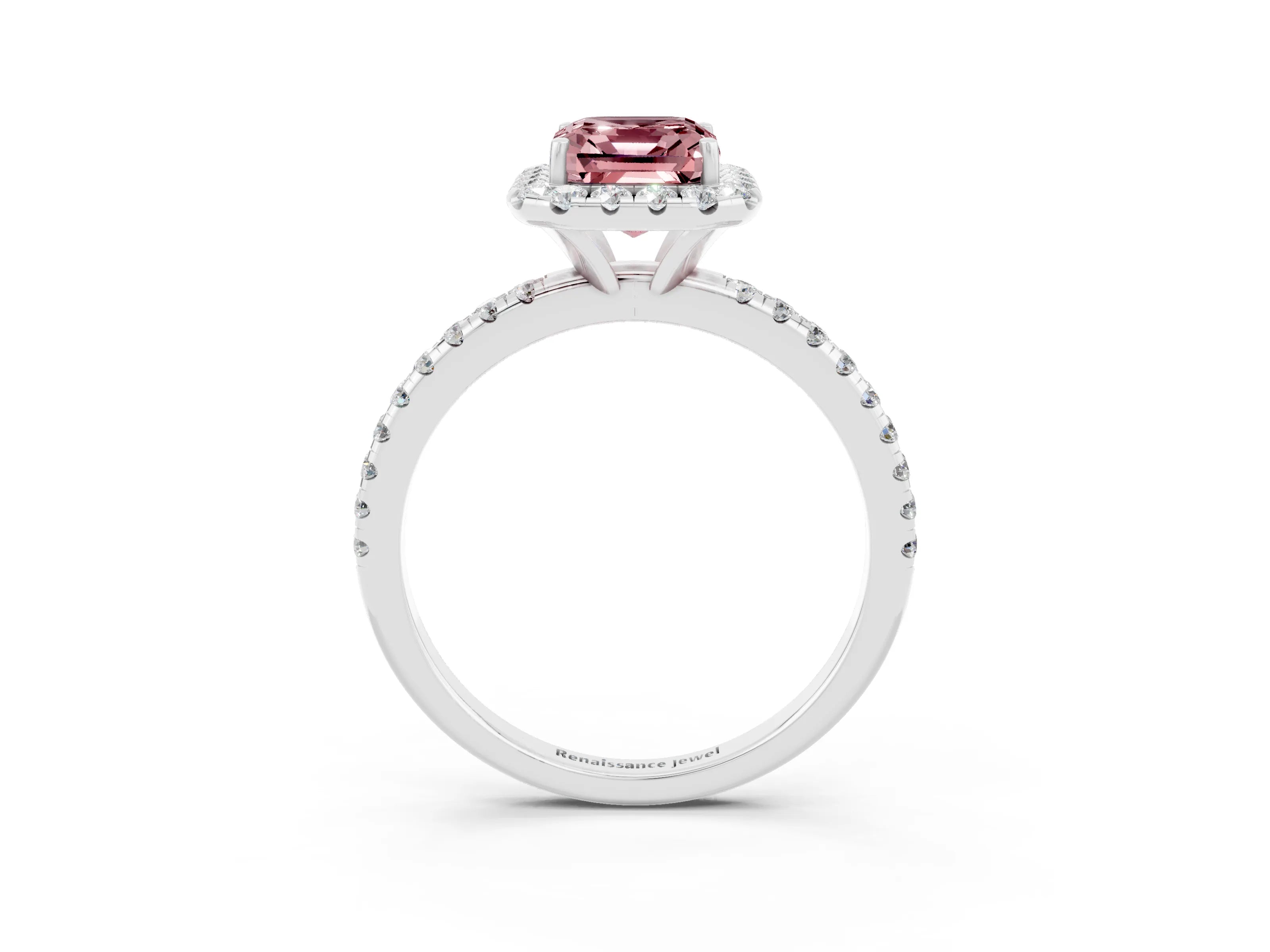 White gold Emerald Cut Halo Round Diamond Pavé Band Four-Prong Ring_3