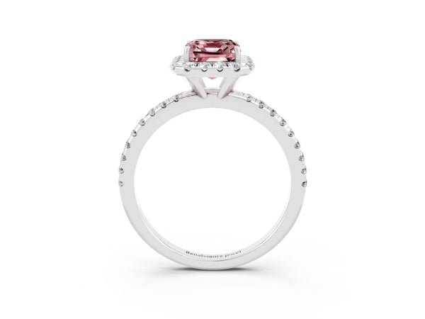 Platinum Emerald Cut Halo Round Diamond Pavé Band Four-Prong Ring