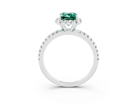 White gold Emerald Cut Halo Round Diamond Pavé Band Four-Prong Ring_3
