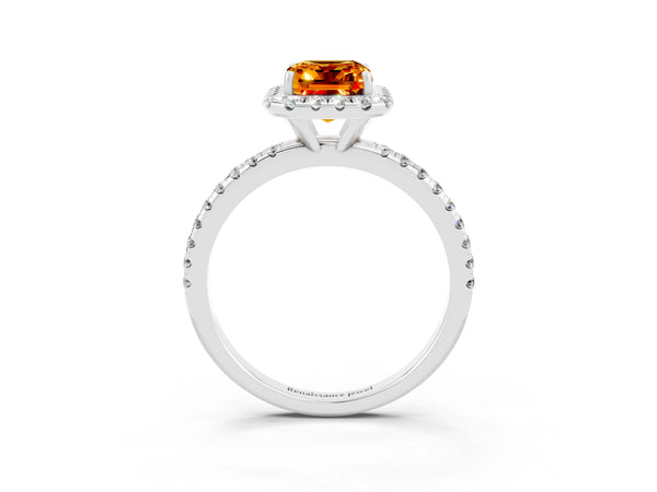 Platinum Emerald Cut Citrine Halo Ring with Round Pavé Band and Prong Setting