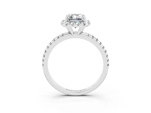 White gold Emerald Cut Halo Round Diamond Pavé Band Four-Prong Ring_3
