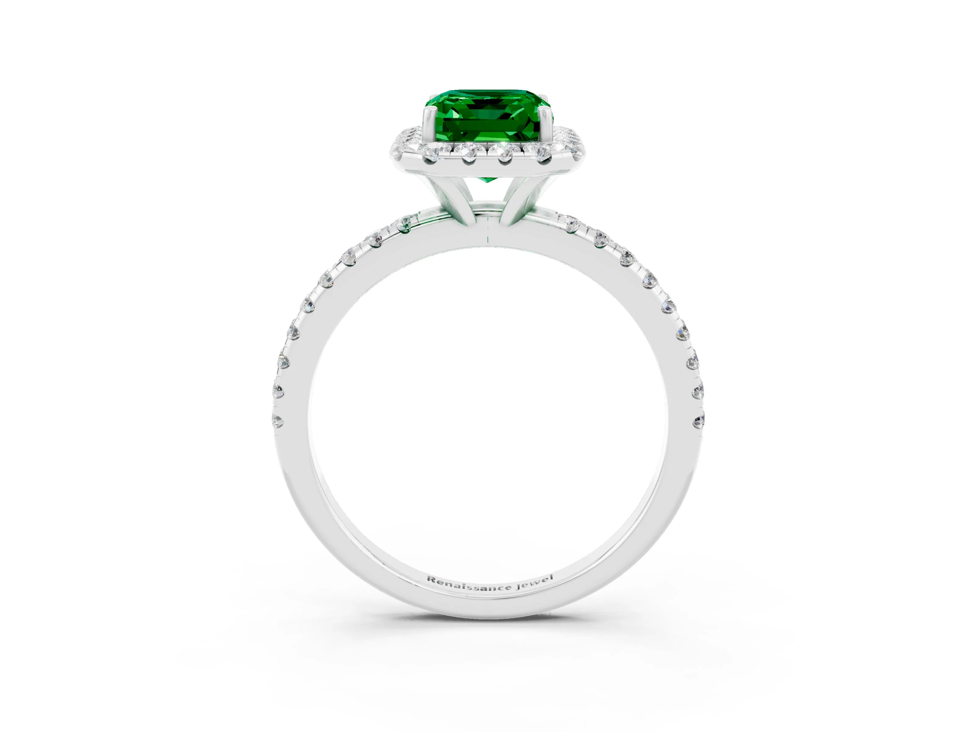 White gold Emerald Cut Halo Round Diamond Pavé Band Four-Prong Ring_3