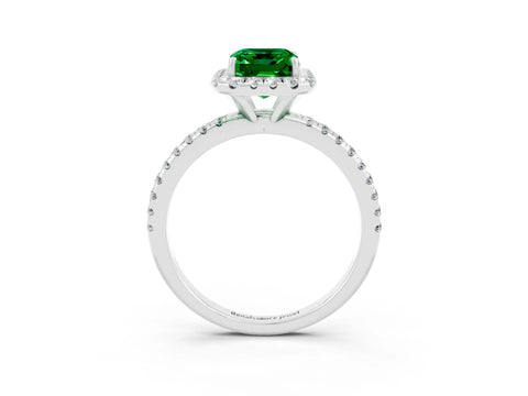 White gold Emerald Cut Halo Round Diamond Pavé Band Four-Prong Ring_3