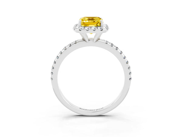 Platinum Emerald Cut Yellow Sapphire Halo Ring with Round Pavé Band and Prong Setting