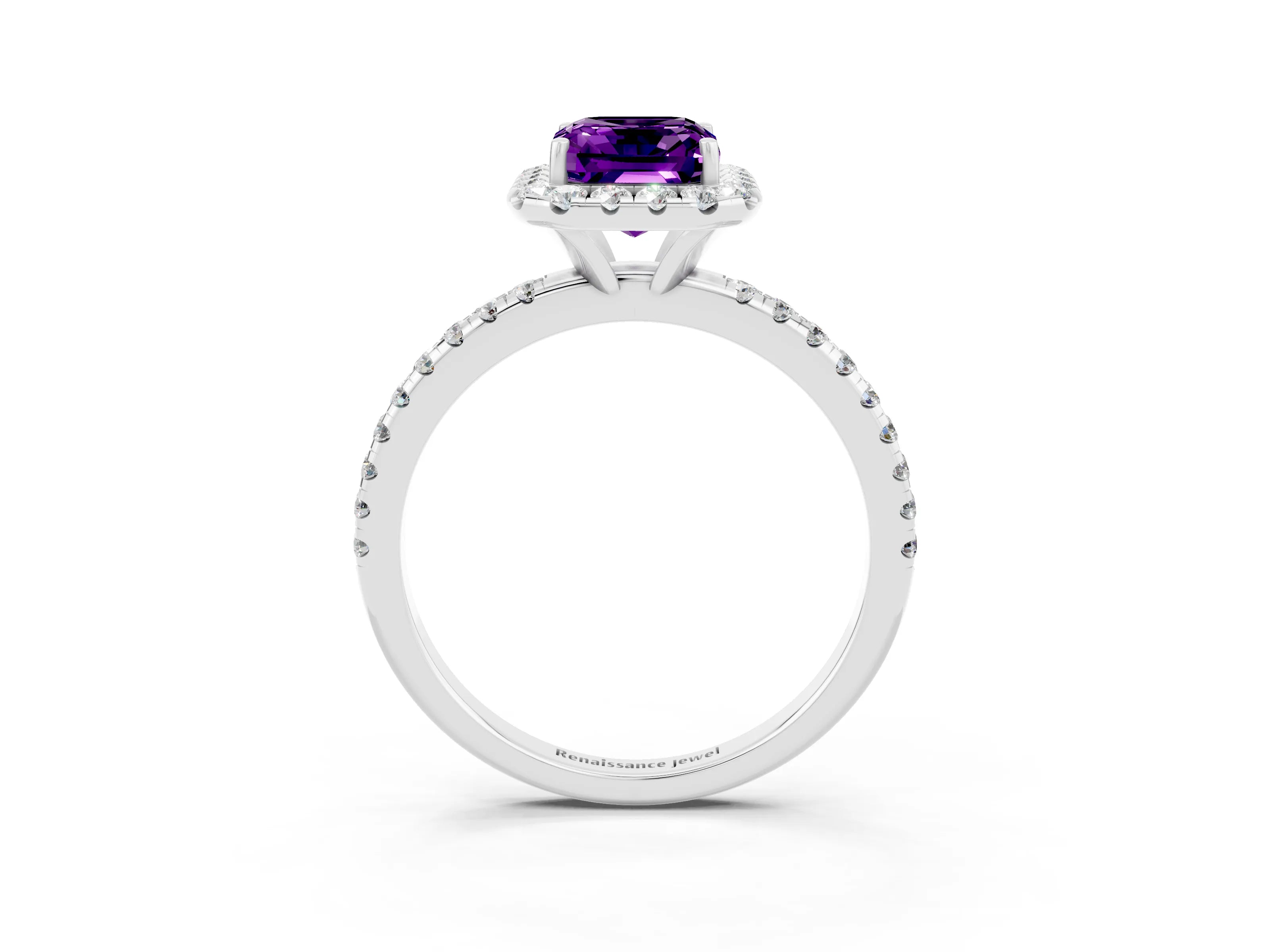 White gold Emerald Cut Halo Round Diamond Pavé Band Four-Prong Ring_3