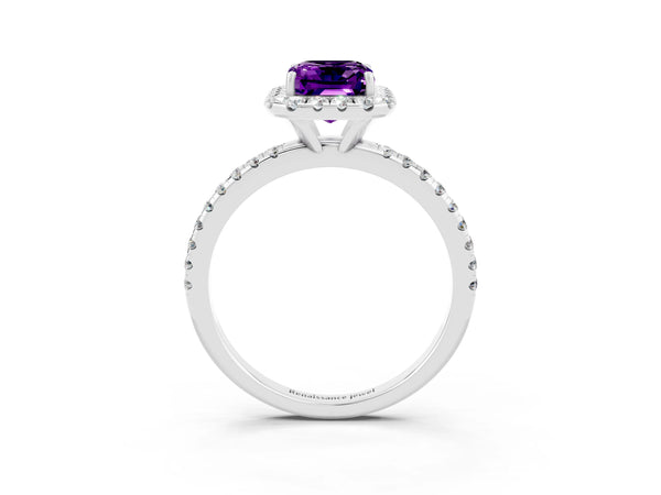Platinum Emerald Cut Amethyst Halo Ring with Round Pavé Band and Prong Setting